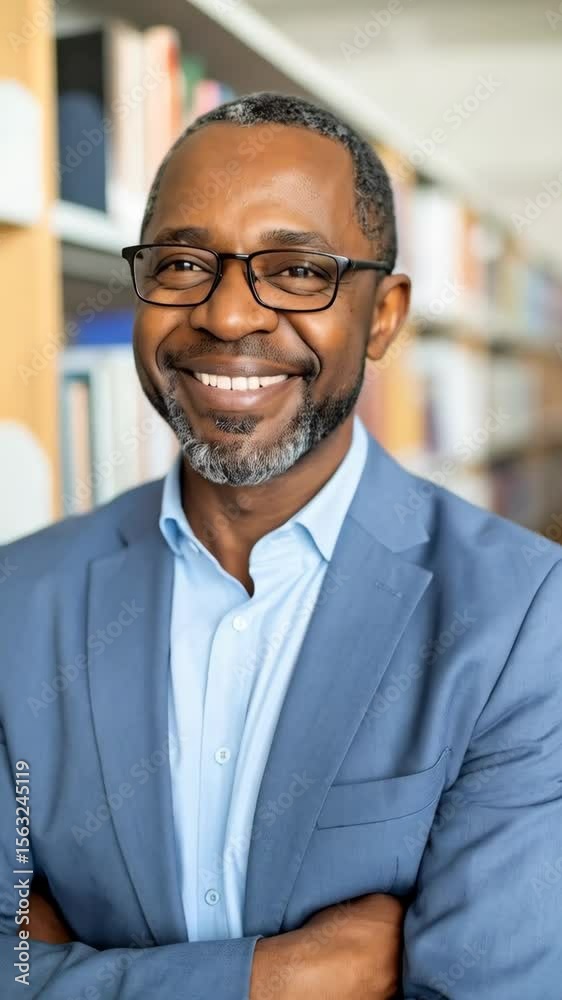 Confident African American professional man wearing glasses and light blue suit, smiling with crossed arms in library or office with bookshelves Confident African American professional man wearing glasses and light blue suit, smiling with crossed arms in library or office with bookshelves