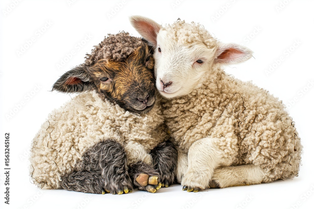Fototapeta premium Two cuddly lambs isolated on white background