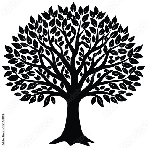 Black silhouette of a leafy tree with spreading branches white leaves