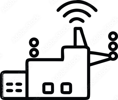 Simple line art smart factory icon with wireless connection and robotic arm