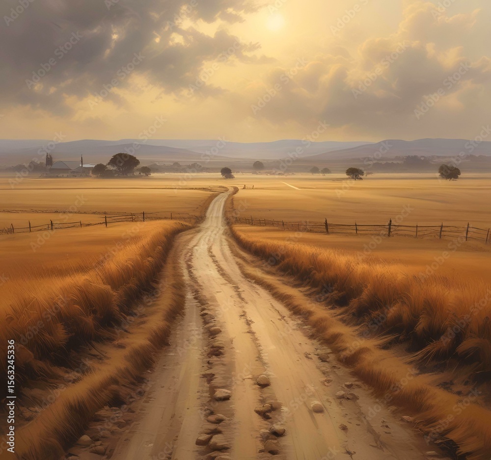 Obraz premium Illustration of misty road through a brown field.