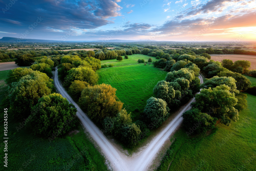 Obraz premium Beautiful landscape with tree-lined paths and lush greenery at sunset in the countryside