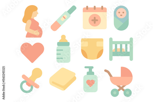 Baby essentials vector illustration: flat style icons for parenting design and nursery decor