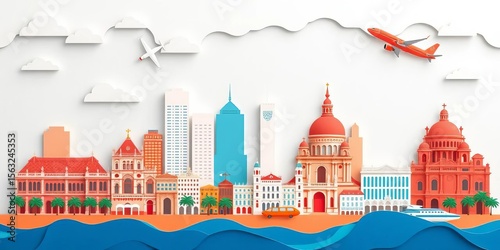 Paper cut style vector illustration of Buenos Aires landmarks, flight & ticket elements for travel advertising,   recoleta cemetery,  airplane