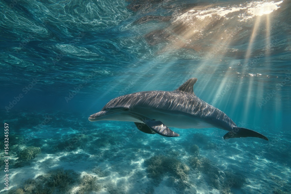 Fototapeta premium Dolphin swimming underwater in sun rays