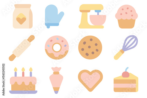 Cute baking icons vector illustration - perfect for recipe book covers, cafe signage, confectionery posters - flat style design