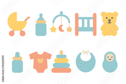 Cute baby essentials vector illustration in flat style for nursery and kids room decor