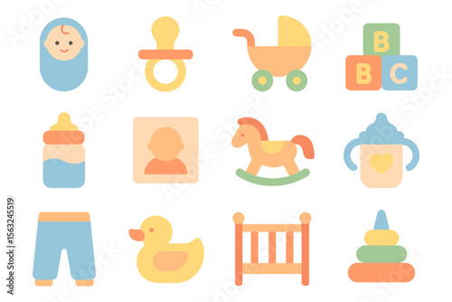 Baby essentials icons vector illustration - pastel flat style for nursery design