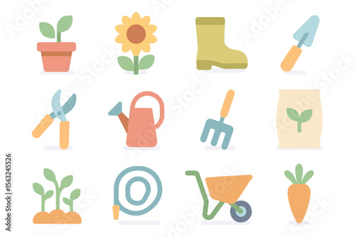 Garden tools and plants vector illustration for spring design projects in flat style
