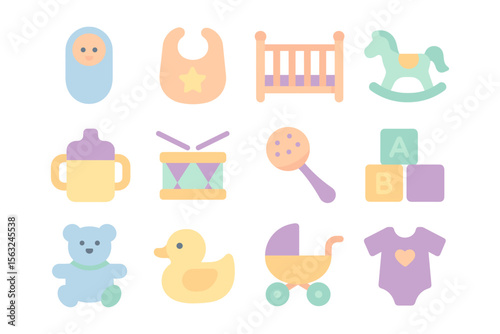 Cute baby items set vector illustration - pastel color palette for nursery design, flat style icons