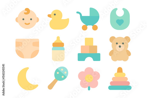 Baby essentials vector illustration set: flat style design for nursery decor and kids products