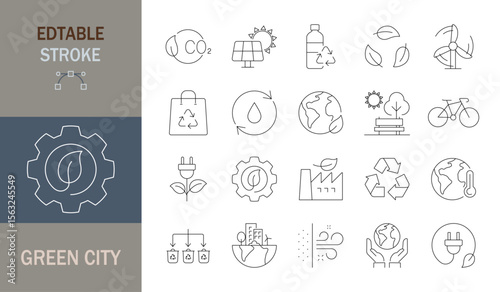 Green city icon set. Editable stroke. Vector illustration. 