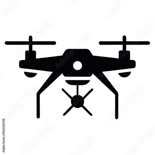 Black Silhouette of Quadcopter Drone with Camera and Landing Gear Against White