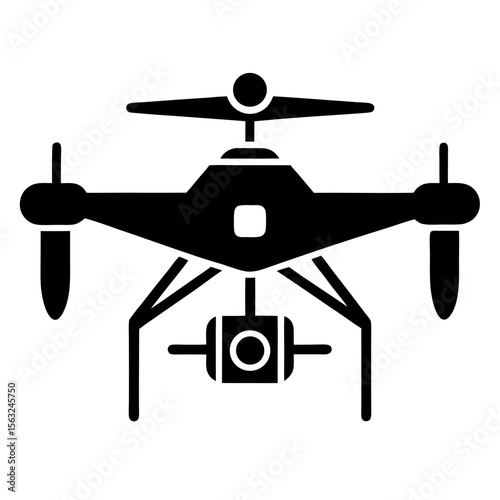 Black Silhouette of Quadcopter Drone with Camera for Aerial Photography or Videography