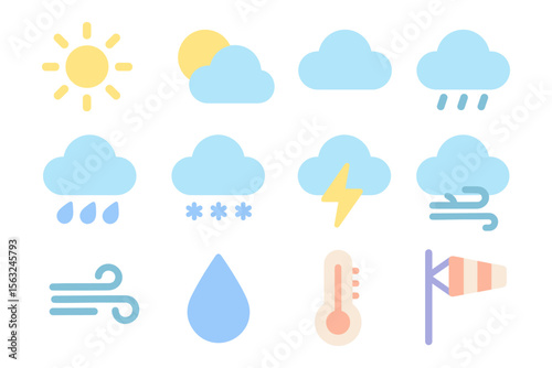 Weather icons vector illustration for design: flat style elements for forecast ui and print