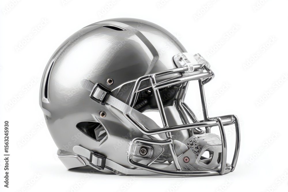Fototapeta premium Close-up of a sleek silver football helmet isolated on a white background. Perfect for sports-related designs, marketing materials, or as a standalone graphic element.