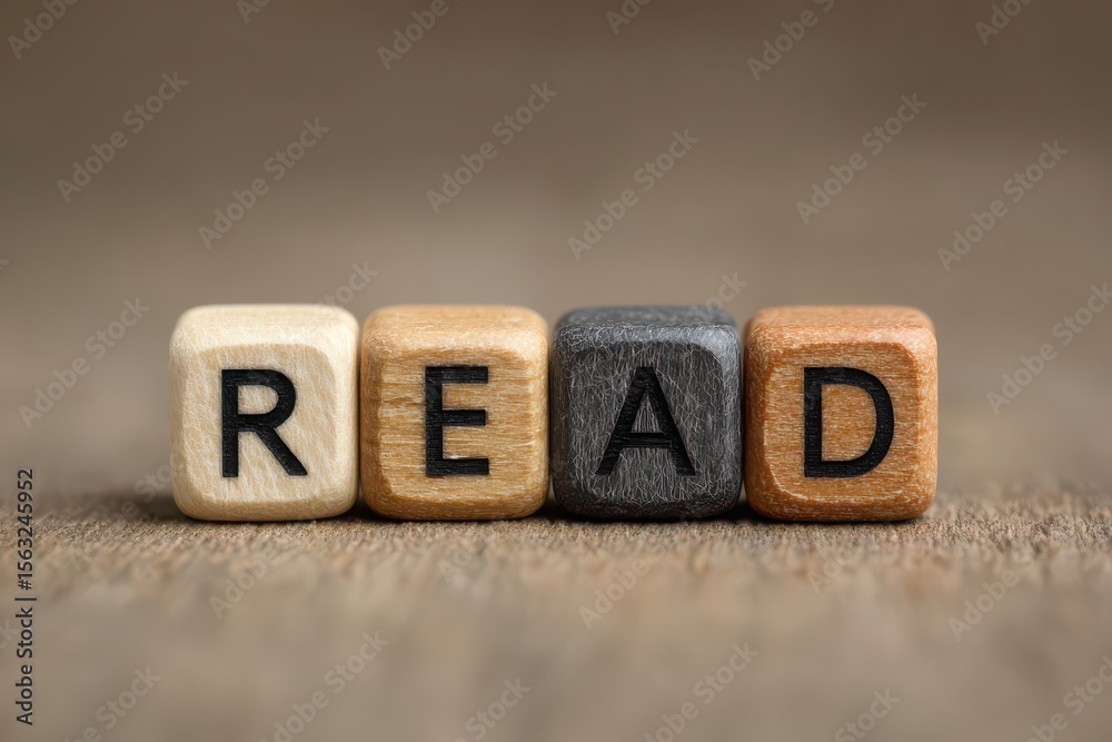 Obraz premium Close-up of smooth wooden alphabet cubes spelling the word 'READ' on a rustic wooden surface. Perfect for education, literacy, and reading concepts.