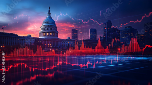 US Capitol building with American flag and overlaid stock market chart, symbolizing national debt, economic challenges, fiscal policy, and financial stability issues facing the US 42407788 1