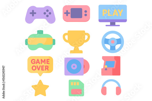 Gaming icons collection vector illustration for digital media and print design in flat style