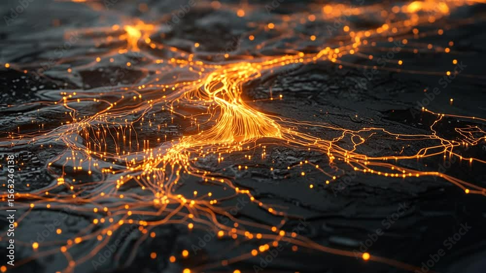 Abstract network design on a dark surface with orange highlights.