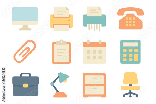 Office supplies vector illustration: flat style for design projects