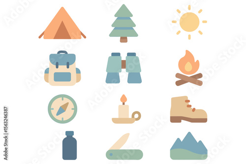 Camping adventure vector illustration: flat style icon set for outdoor activities and travel designs