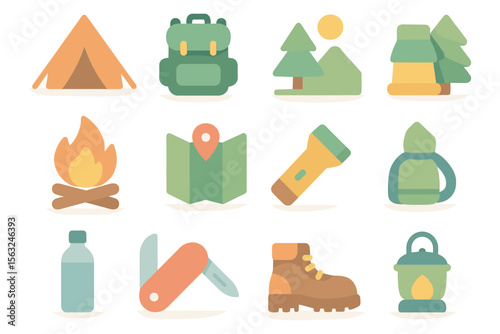 Flat camping adventure icons set - vector illustration for outdoor enthusiasts and design projects