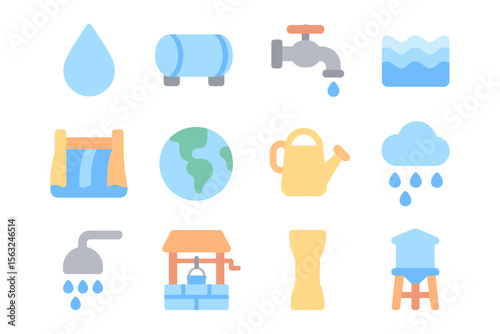 Water resource conservation vector illustration: flat style icons for educational and environmental design