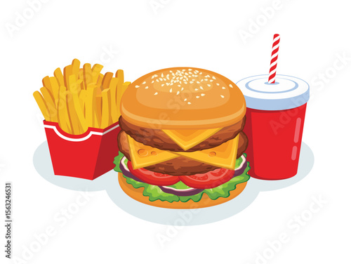 Double cheeseburger with french fries and soda still life vector illustration. Hamburger, french fries and soft drink in a cup icon set vector isolated on a white background. Fast Food design element