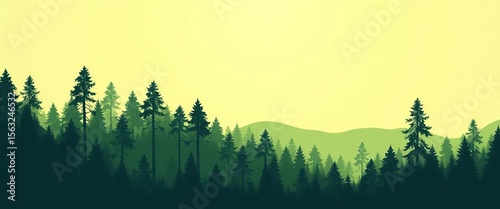 Stylized flat vector illustration of a green forest silhouette against a light background,  background,  branch