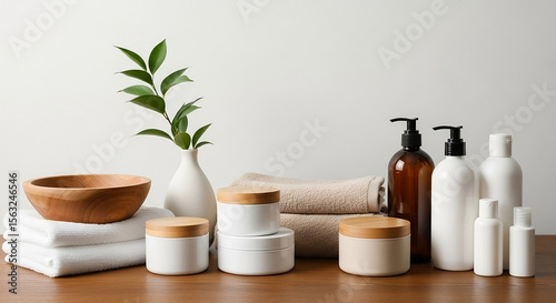 A serene display of spa and bath essentials: wooden bowl, white and beige towels, potted plant, and various white and amber bottles with pumps and caps.