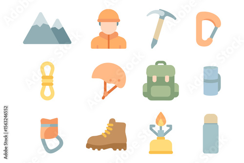 Mountain climbing gear vector illustration - flat style icons for adventure or hiking design