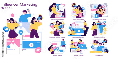 Influencer Marketing Vector Illustration with Various Actions