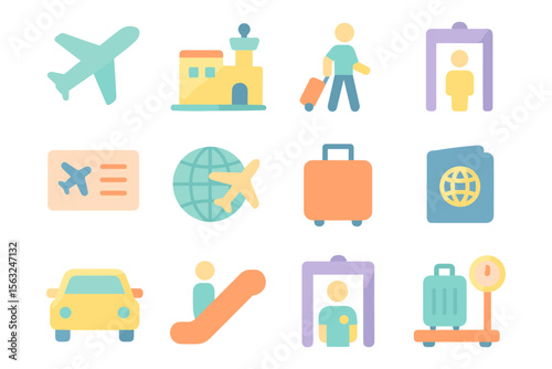 Travel essentials vector illustration: flat icon set for airport and flight design