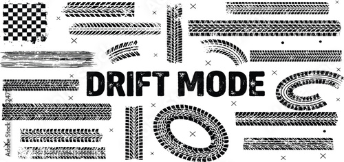 Tire tread marks, drift, motorsport, motocross, rally, tread mark with skid, grinding, splash effect. Graphic set of tire treads, wheel texture, car racing. Vector collection, wheel treads on asphalt