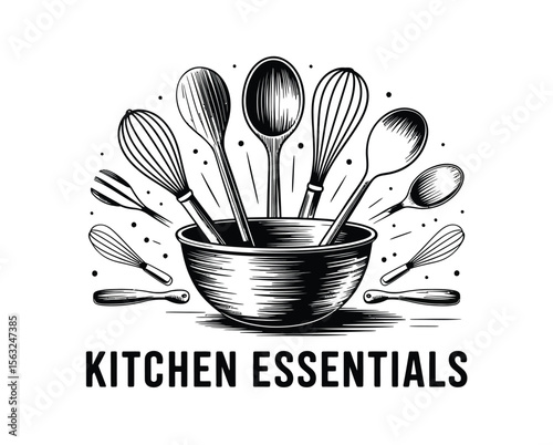Kitchen Utensils and Cookware Silhouette Set – Minimalist Black and White Grid of Tools, Coffee Items, and Appliances