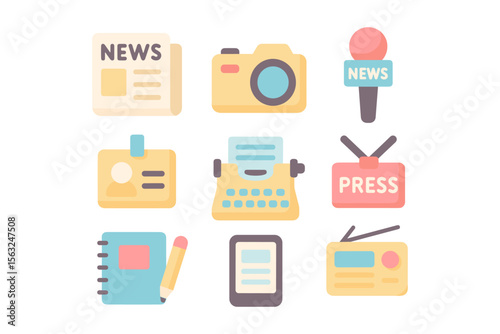 Journalism essentials vector illustration: flat style media icons for print and digital design