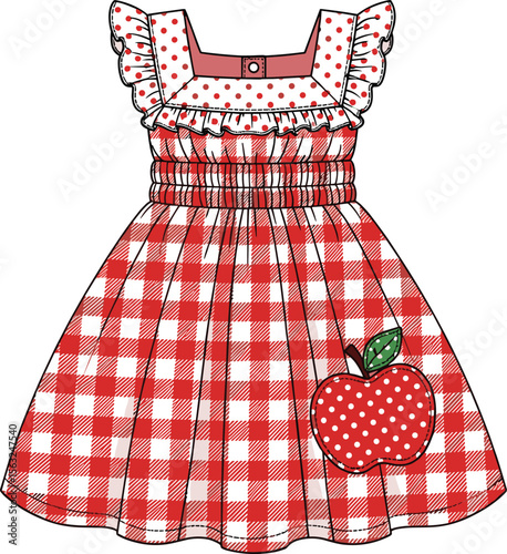 Vector flat sketch of girls gingham dress with apple patch, ruffle sleeve detail, polka dot print, gathered waist, children summer clothing, fashion apparel illustration.