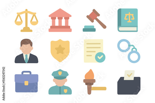 Justice and law vector illustration: flat style icons for legal design