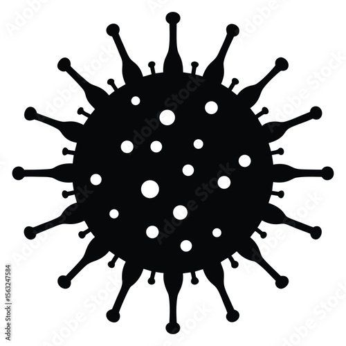 Black silhouette of a virus with spikes and dots microscopic white