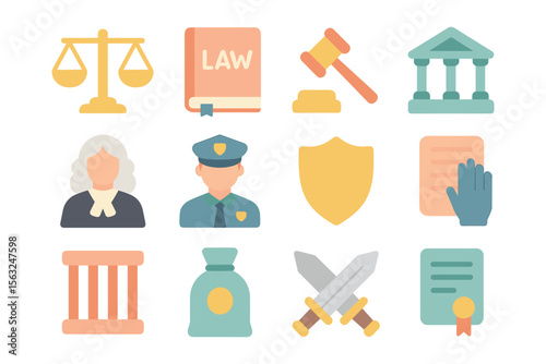 Legal and justice vector illustration: flat icons for law design and educational materials