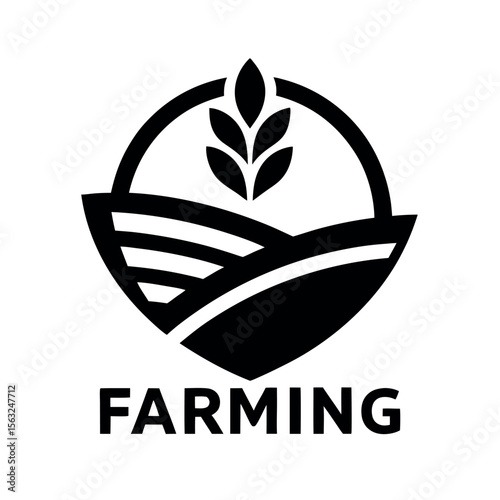 Modern Farming Logo Black and White Icon with Wheat Stalk and Cultivated Land Illustration