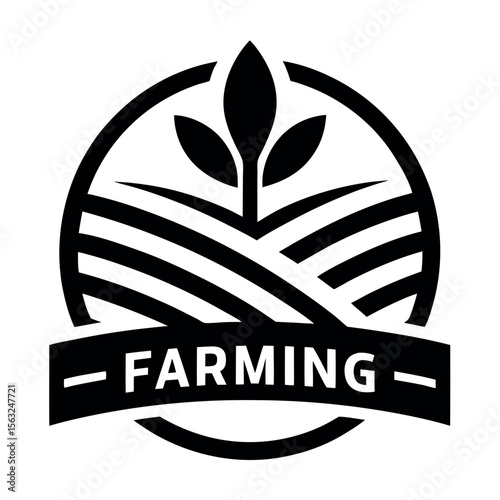 Modern Black Farming Logo with Field Rows, Crops, and Bold FARMING Text Ribbon