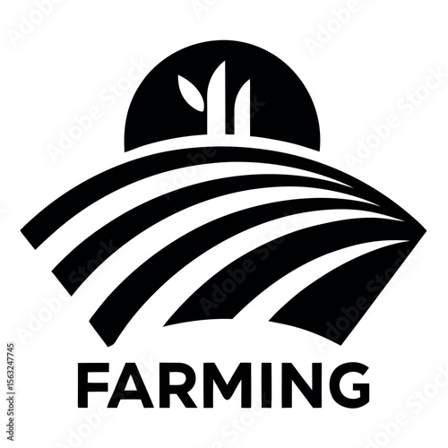 Black and White Farming Logo Depicting a Field, Plants and Sun with the Word FARMING