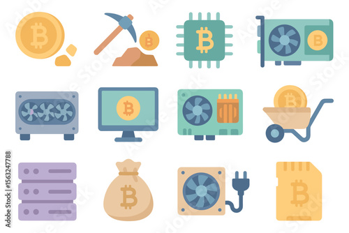 Cryptocurrency mining equipment vector illustration for technology design in flat style