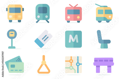 Flat style vector illustration of public transportation icons for urban design projects