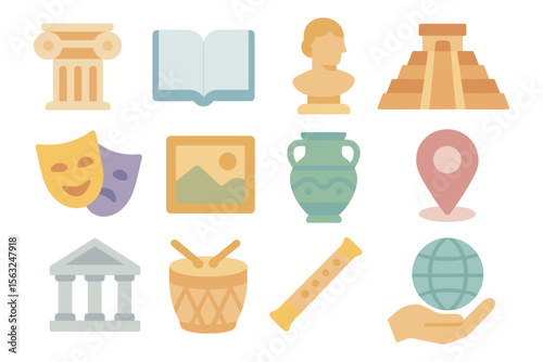 Cultural and historical icons vector illustration: design for educational and travel themed prints in flat style