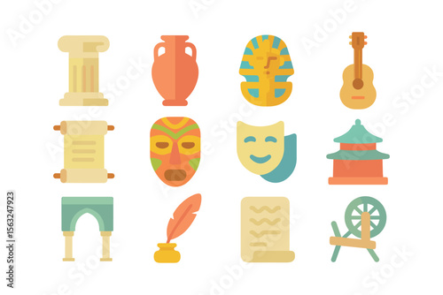 Collection of cultural and historical icons vector illustration for educational and design use in flat style