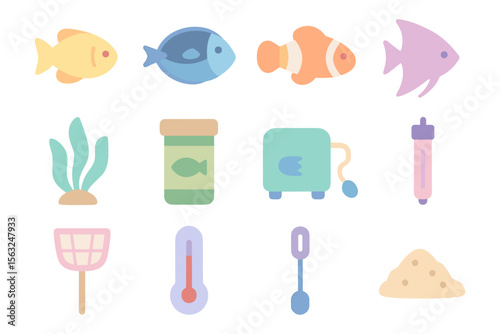 Aquarium supplies set vector illustration: flat style design for posters and cards