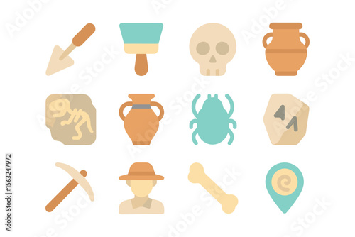 Archaeology icon set: flat vector illustration for educational and historical design